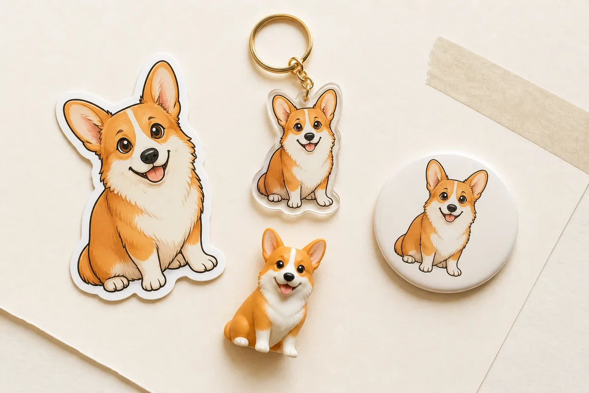 Their merch: stickers, charm, magnet and figure